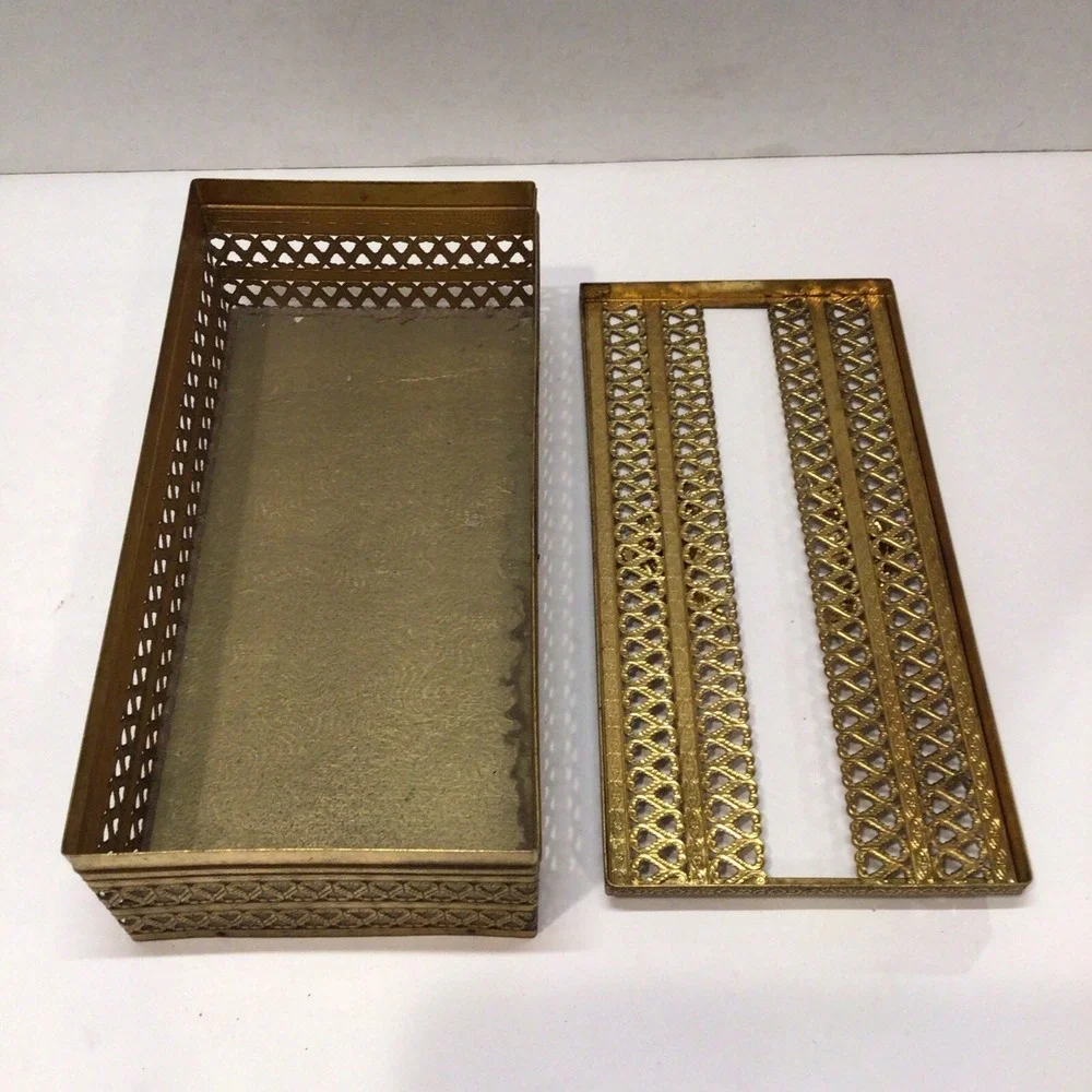 Vintage Brass Tissue Box Holder Gold Filigree Hollywood Regency Roses